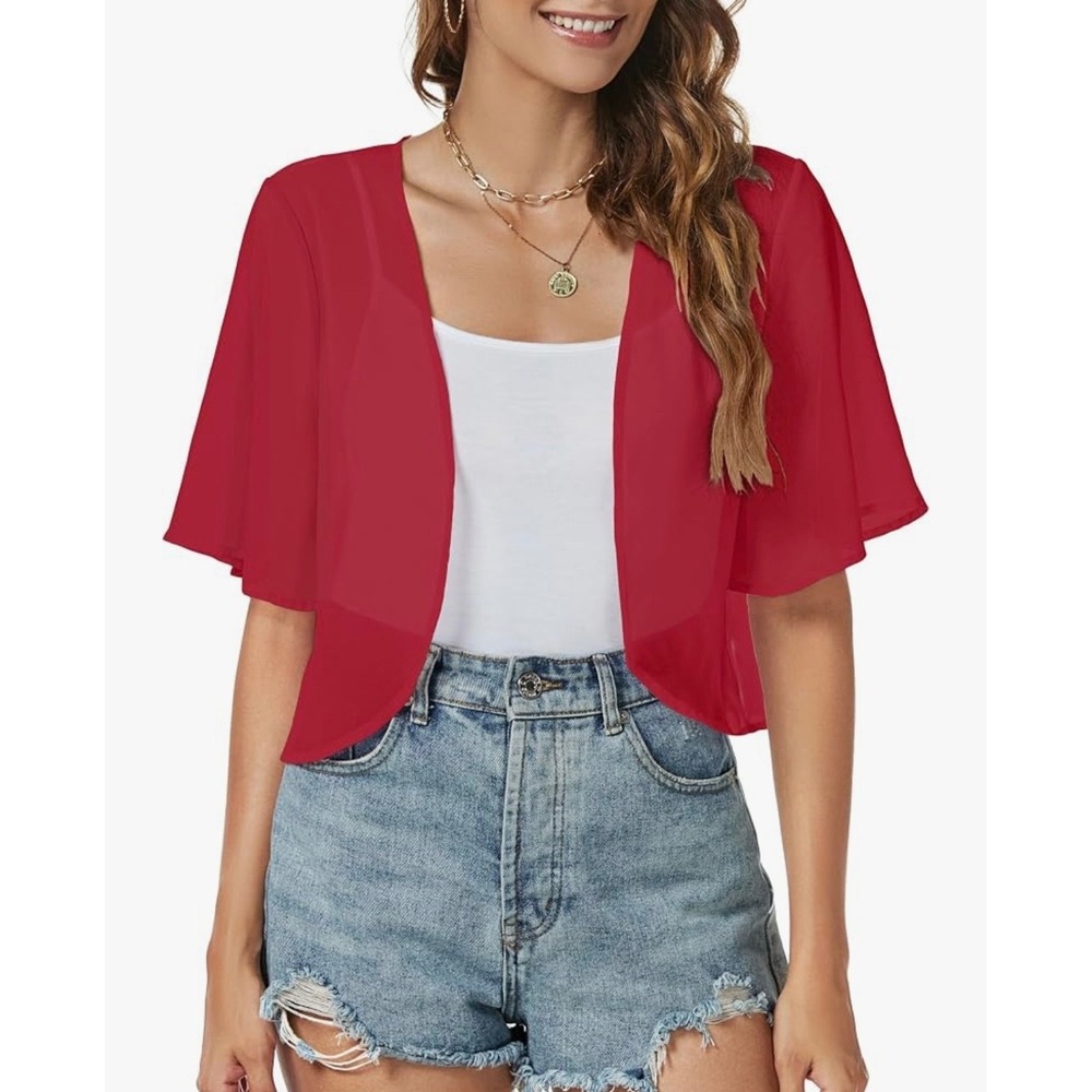 Women's Red Sheer Chiffon Open Front Shrug Bolero Cardigan Size Medium New
